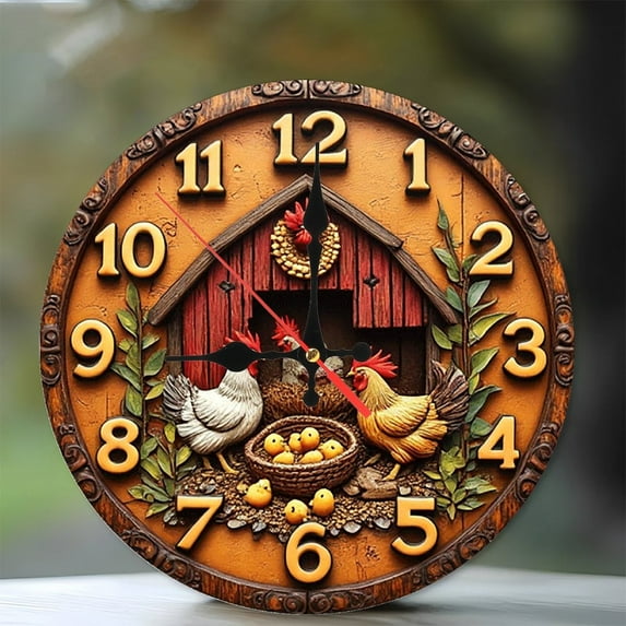 Rustic Farmhouse Chickens Wall Clock Home Decor 10-Inch Silent Wooden Wall Clock, Battery Operated (AA Batteries Not Included), Artistic Home Decor