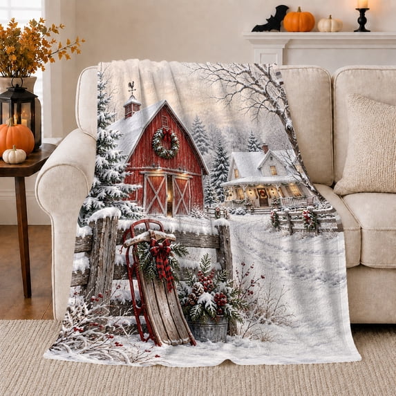 Rustic Farmhouse Christmas Barn Snowfall Scene Serene Winter, Festive Holiday Scene, Warm Flannel Blanket for Ranch House and Living Room, Horse Lovers Christmas Gift, Rustic Home Decor