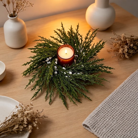 Rustic Farmhouse Christmas Pine Cone Red Berry Candle Ring, Artificial Mini Wreath Table Centerpiece, Festive Decor for Dining Table Mantel Shelf Home Xmas Holiday Party Decoration, F