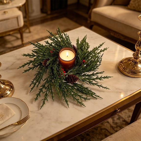 Rustic Farmhouse Christmas Pine Cone Red Berry Candle Ring, Artificial Mini Wreath Table Centerpiece, Festive Decor for Dining Table Mantel Shelf Home Xmas Holiday Party Decoration, I