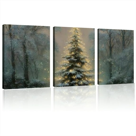 Rustic Farmhouse Christmas Tree Canvas Art - Vintage Winter Scene Wall Decor for Living Room, Bedroom, Office - No Battery Needed 12*16inch*3pcs