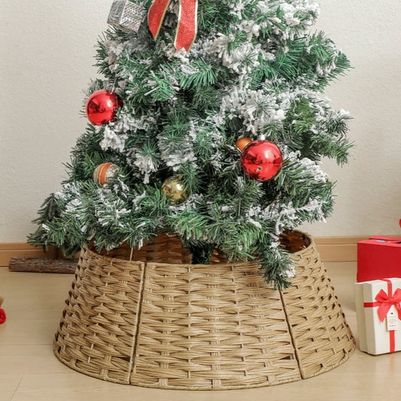Rustic Farmhouse Christmas Tree Collar - 24" Natural Woven Wicker Tree Base Cover, Rattan Basket Ring Holiday Decorations for Artificial Xmas Trees