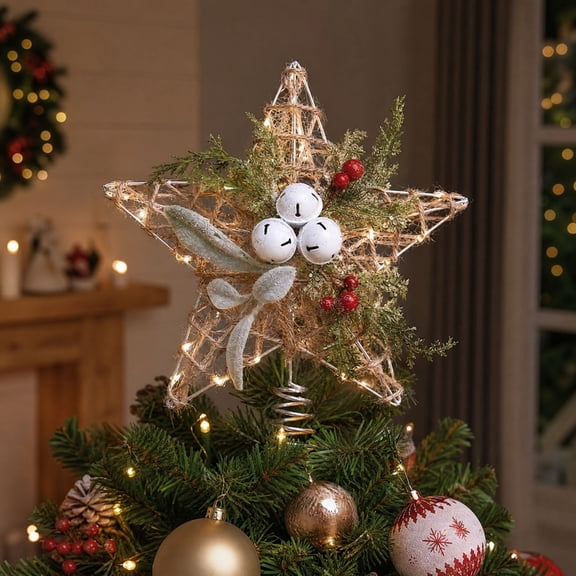 Rustic Farmhouse Christmas Tree Topper, Iron Star Tree Topper with Spring Base, Jute Wrapped Holiday Tree Top Decoration with Bells and Berries for Home Christmas Decor