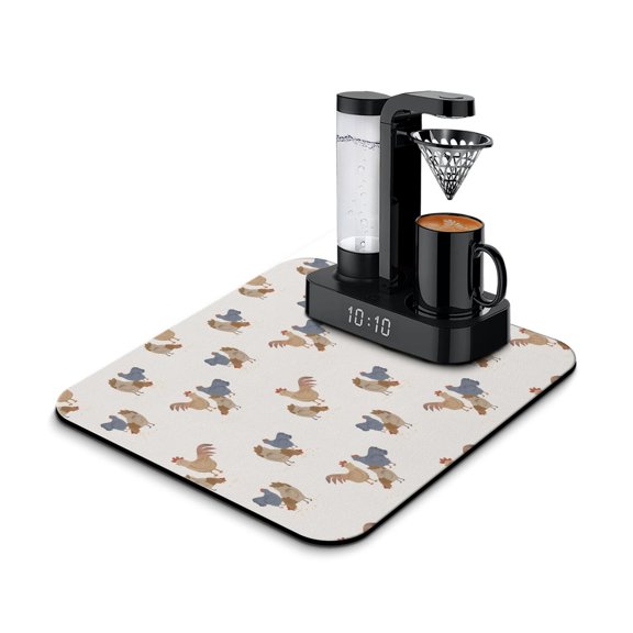Rustic Farmhouse Coffee Bar Mat - Absorbent Kitchen Counter Mat with Chicken and Sunflower Design
