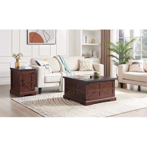 Rustic Farmhouse Coffee Table & End Table Set – Hinged Lift Top Barn Design Cocktail Table for Living Room