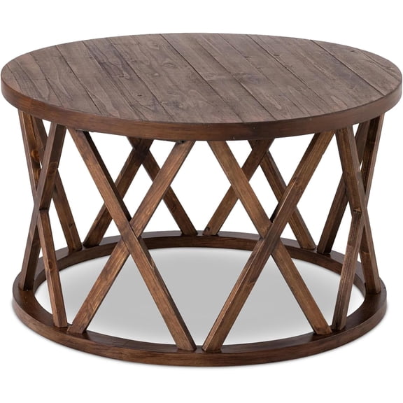 Rustic Farmhouse Coffee Table, Round Coffee Table with X-Motifs Legs, Wood Textured Top, for Boho, French Country Decor, Brown