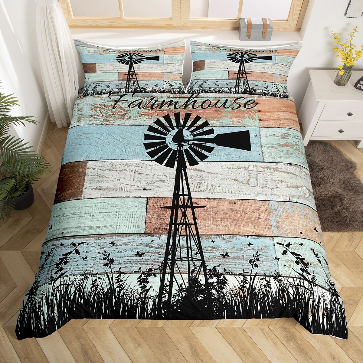 Rustic Farmhouse Comforter Cover For Cabin Room Decor,Farm Windmill