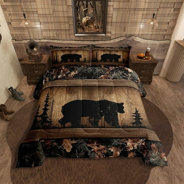 Rustic Farmhouse Comforter Set Country Cabin Bear Bedding Set Queen,Tree Branches Woodland Camo Hunting Wildlife Bedding Comforter Sets For Teen Men Camouflage Animal Quilt Set