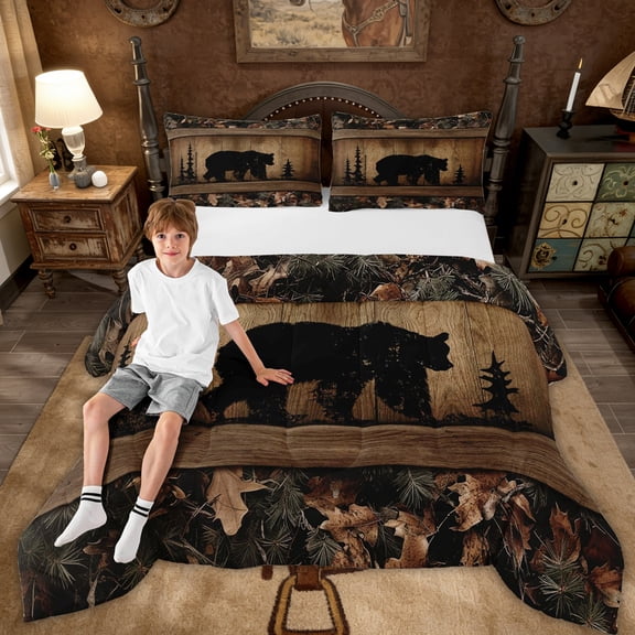 Rustic Farmhouse Comforter Set Country Cabin Bear Bedding Set Queen,Tree Branches Woodland Camo Hunting Wildlife Bedding Comforter Sets For Teen Men Camouflage Animal Quilt Set