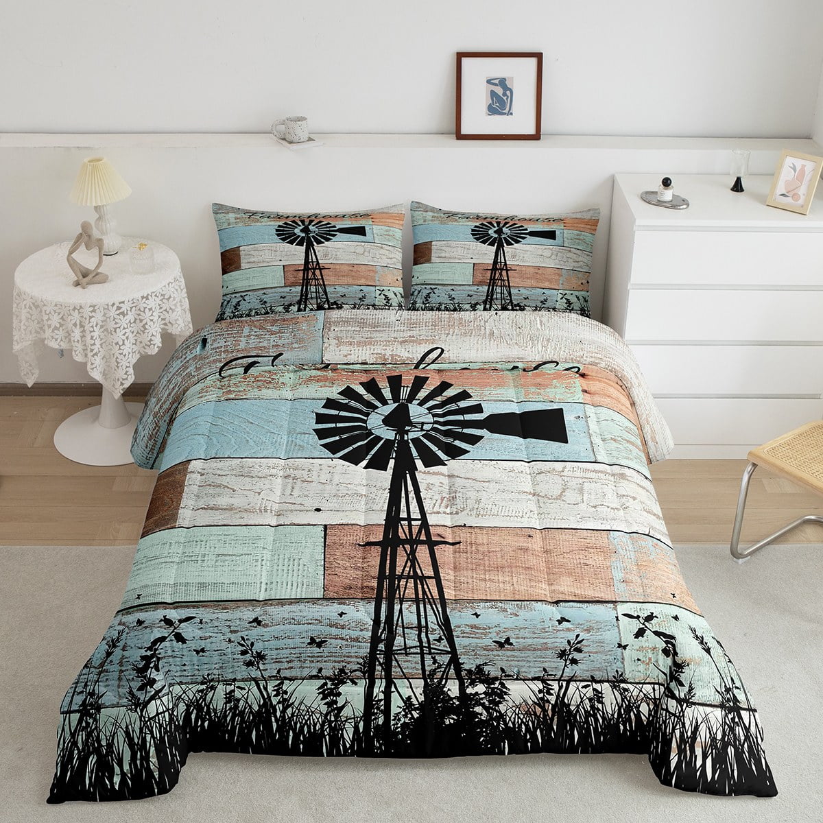 Rustic Farmhouse Comforter Set For Cabin Room Decor, Farm Windmill