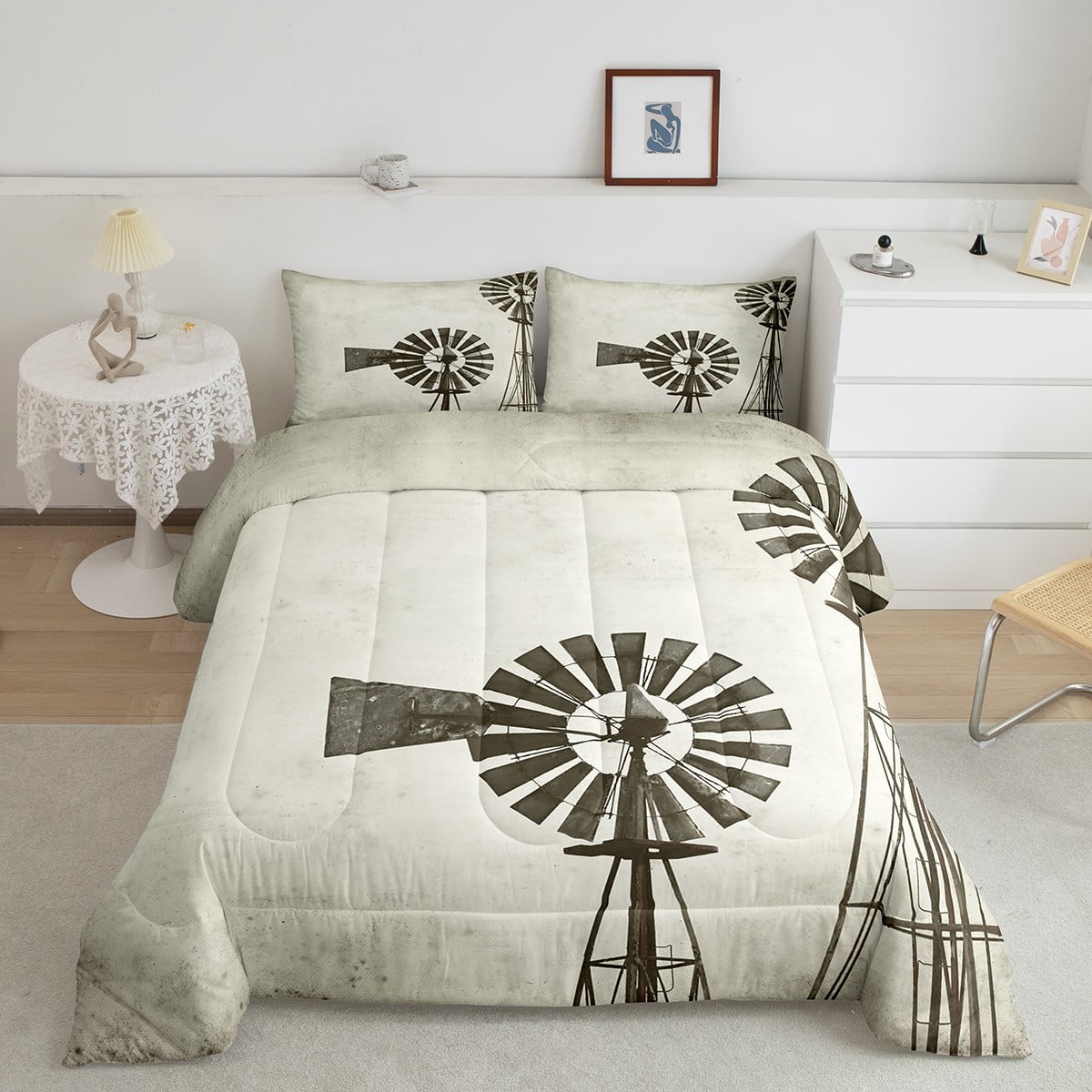 Rustic Farmhouse Comforter Set Full Size,Vintage Country Theme Windmill