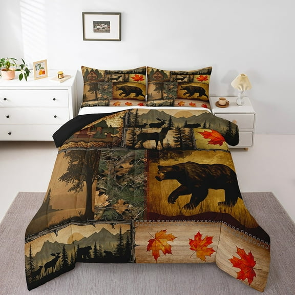 Rustic Farmhouse Comforter Set King Size,Retro Cabin Lodge Bedding Set,Western Christmas Animals Down Comforter,Country Maple Leaves Dead Branches Duvet Insert,Woodland RV Quilt