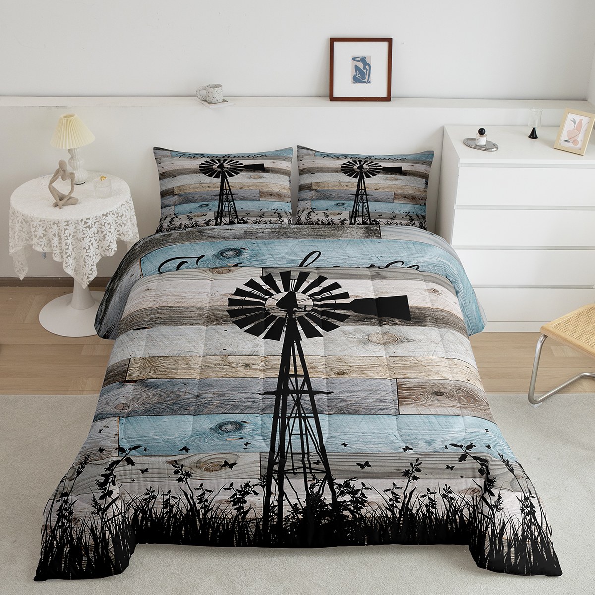 Rustic Farmhouse Comforter Set Twin, Black Windmill Bedding Comforter
