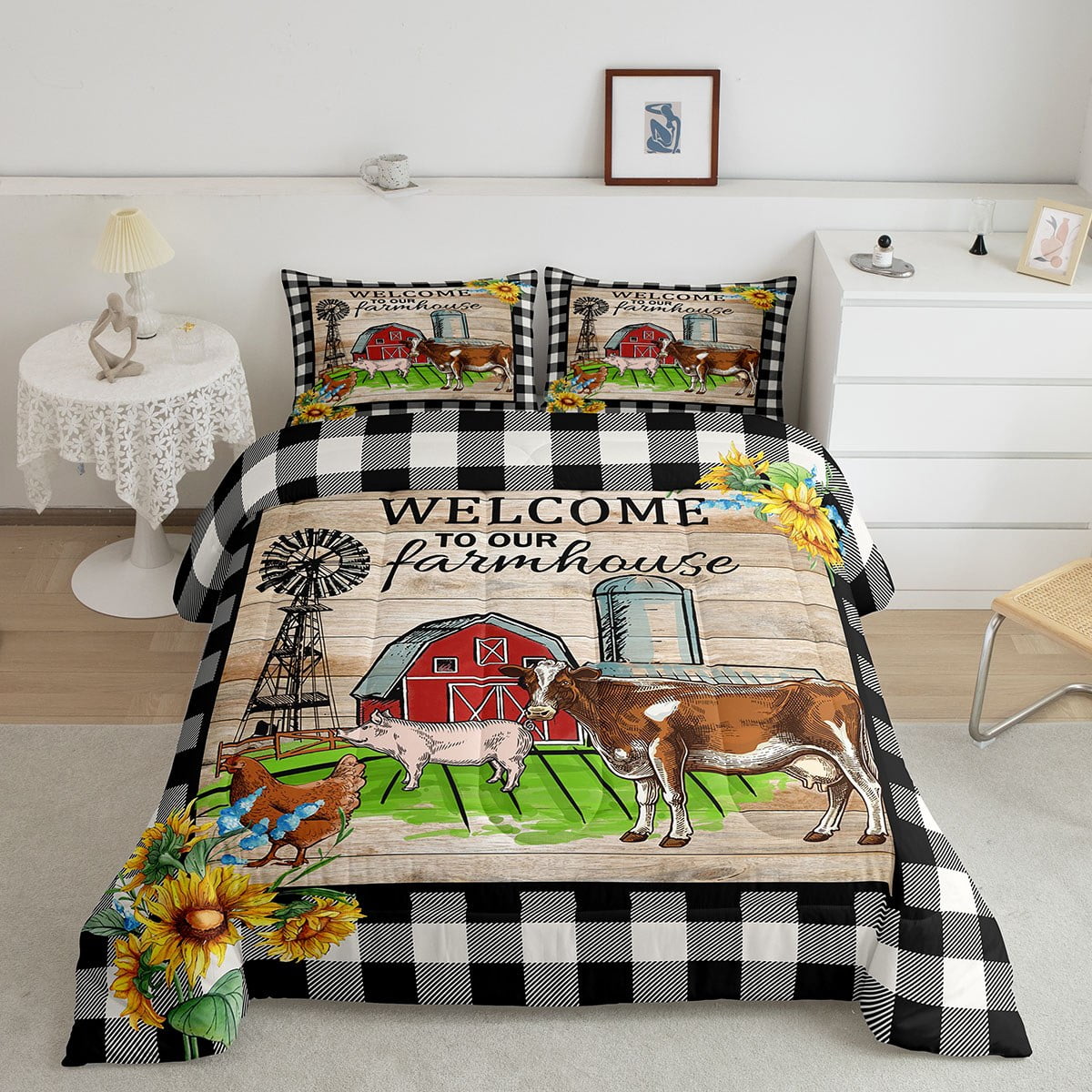 Rustic Farmhouse Comforter Set, Windmill Gift Bedding Set Queen Size