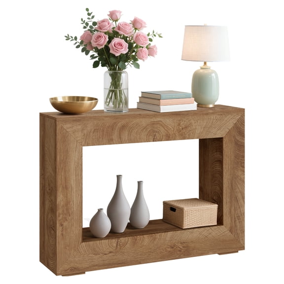 Rustic Farmhouse Console Table with Storage Shelf – Narrow Rectangular Entryway Sofa Table – Plain Wood Accent – Ideal for Living Room, Hallway, Behind Couch – Mountain Design Sandalwood T6801