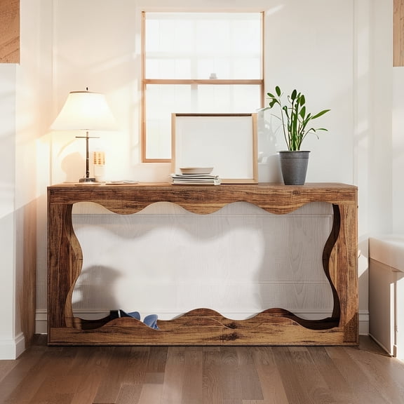 Rustic Farmhouse Console Table with Storage | No Assembly Required, Narrow Sofa Table Behind Couch | Low-Profile Entryway Hallway, Brown & Durable