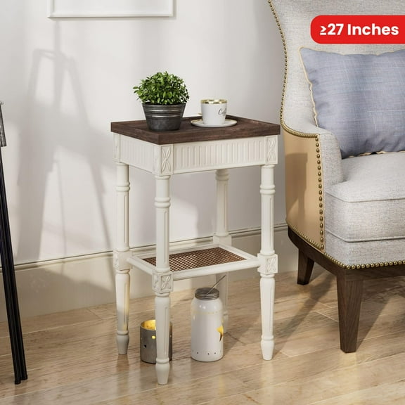 Rustic Farmhouse Cottagecore Accent End Table, Distressed Accent Side Table with Espresso Tray Top and Woven Wicker Shelf, Boho, French Country Decor, Square, Weathered Brown & White
