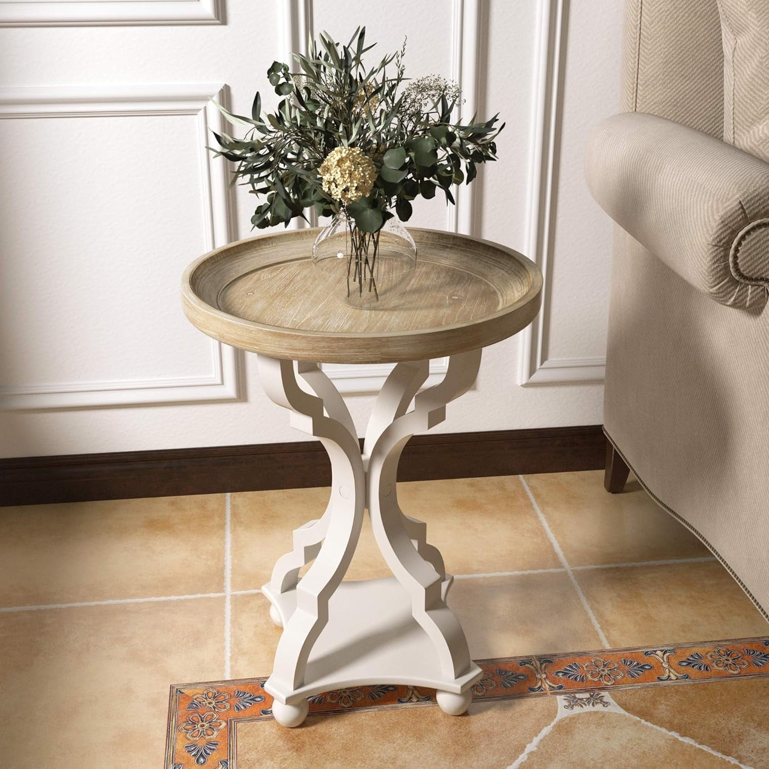 Rustic White and Natural Wood Round Tray Top End Table