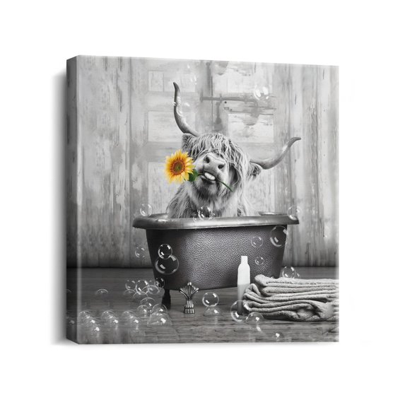 Rustic Farmhouse Cow Canvas Print Wall Art Cow in Bathtub Pictures Animal Wall Decor Funny Cow Artwork for Bathroom,Bedroom, Living Room 16"x13" Home Decor, Perfect for Cow Lovers Farmhouse Style