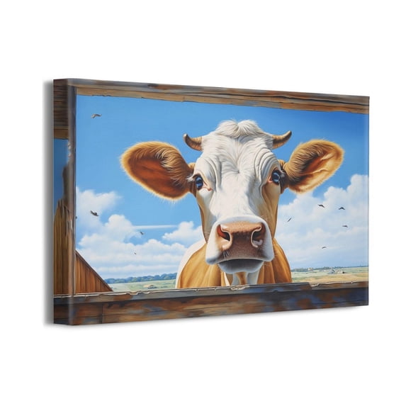 Rustic Farmhouse Cow Canvas Print Wall Art Cow in Window Pictures Animal Wall Decor Funny Cow Artwork for Bathroom, Bedroom, Living Room 16"x12" Home Decor, Perfect for Cow Lovers Farmhouse Style