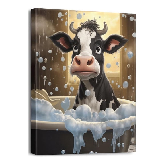 Rustic Farmhouse Cow Canvas Wall Art - Black and White Animal Decor | Funny Cow Art for Bathroom, Bedroom, Living Room | 12"x16" | Home Decor for Cow Lovers, Farmhouse Style