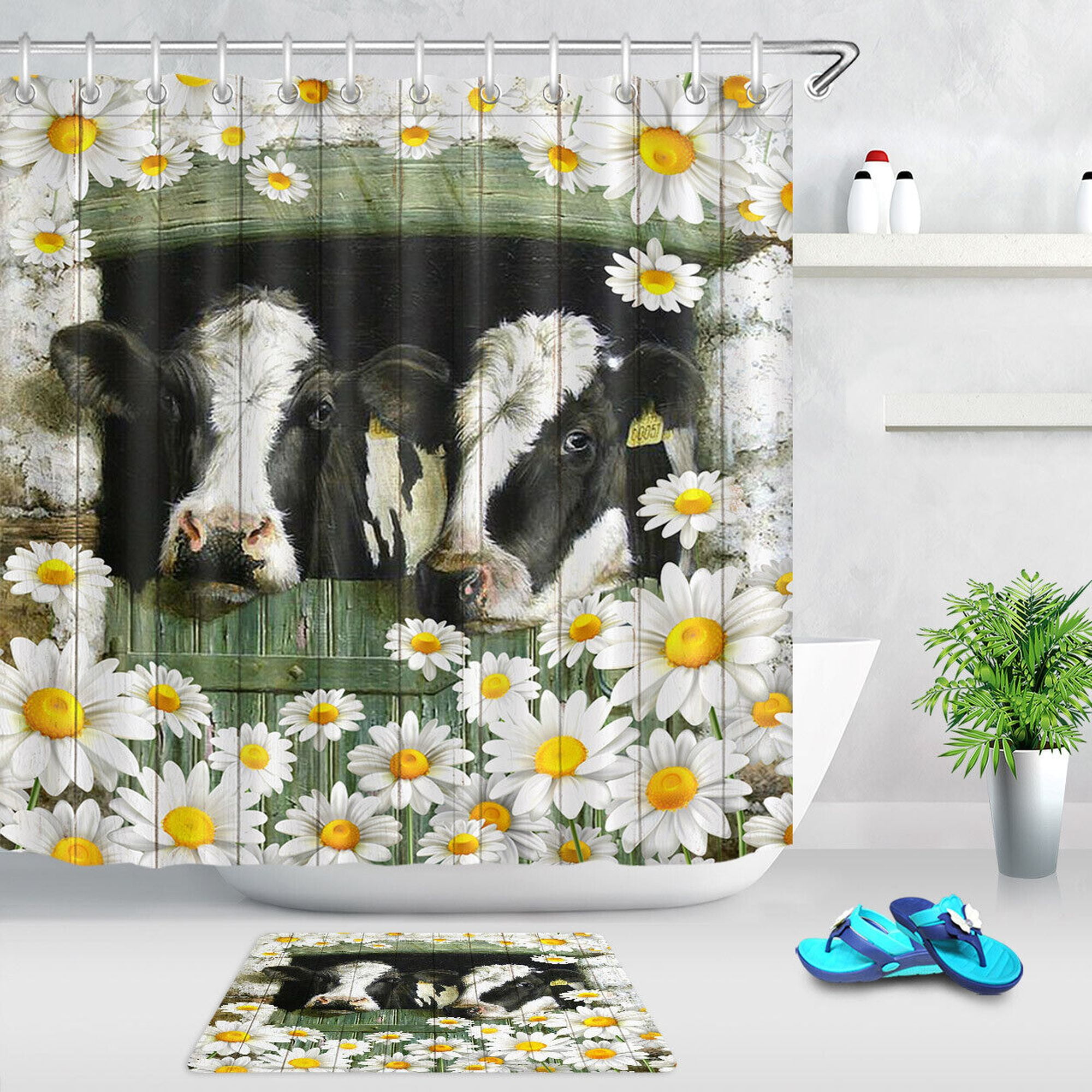 Rustic Farmhouse Cow Heifer Daisy Fabric Shower Curtain Set Charming