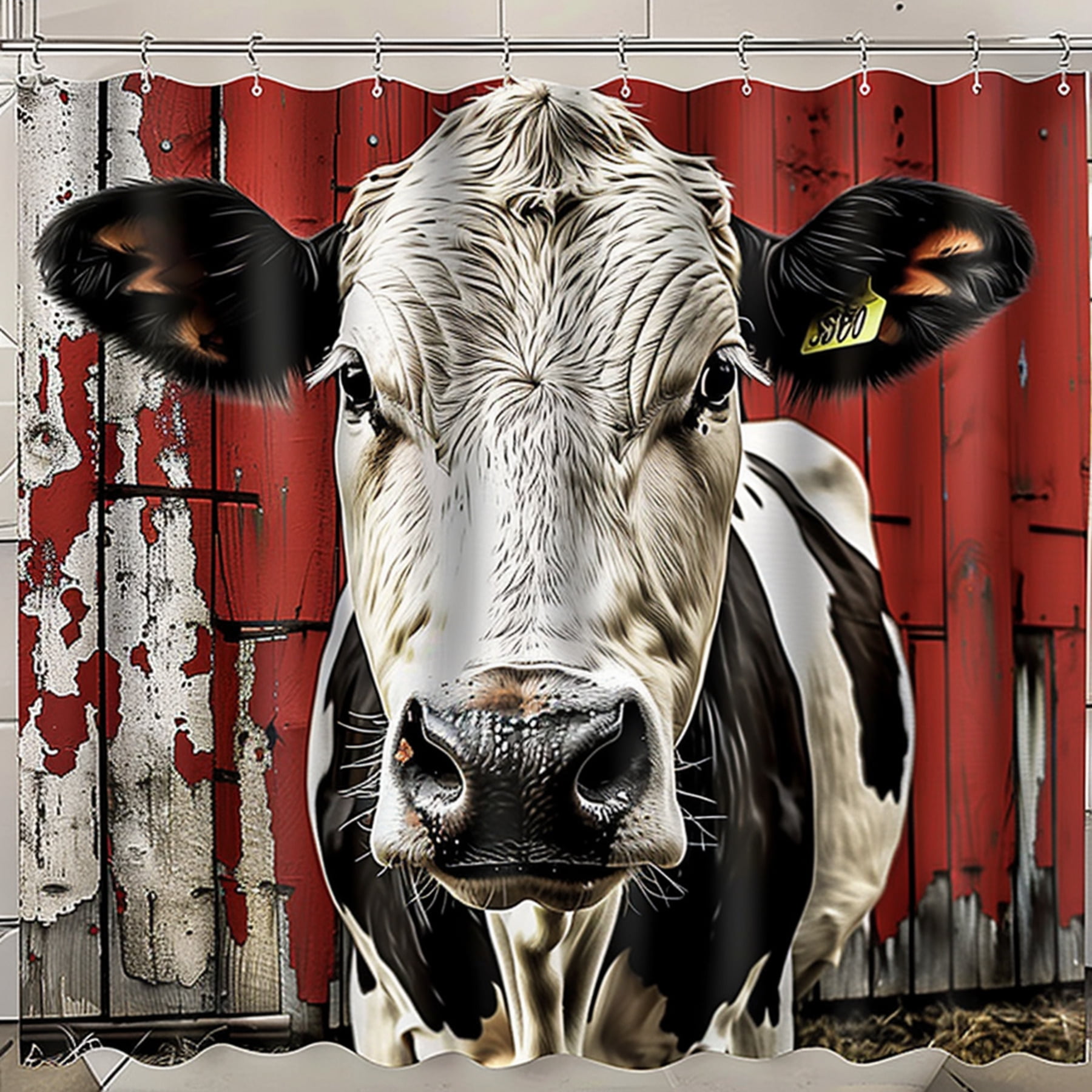 Rustic Farmhouse Cow Portrait Shower Curtain Hyperrealistic Detailed Red Barn Scene Highly ...