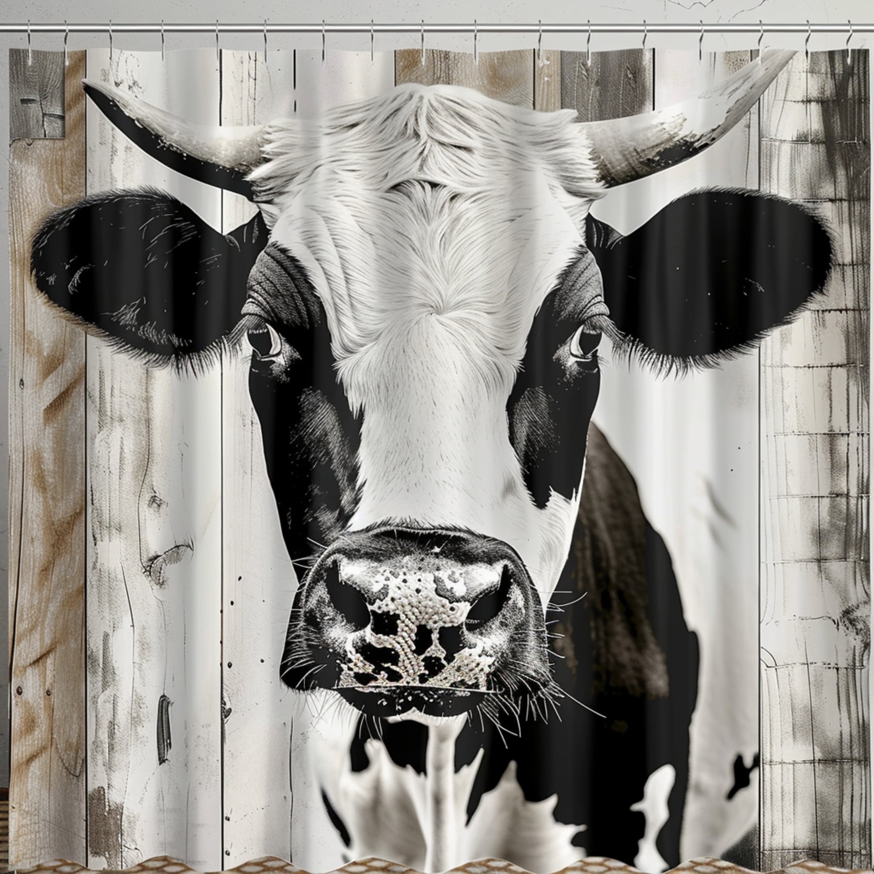 Rustic Farmhouse Cow Portrait Shower Curtain with Wood Textures Black