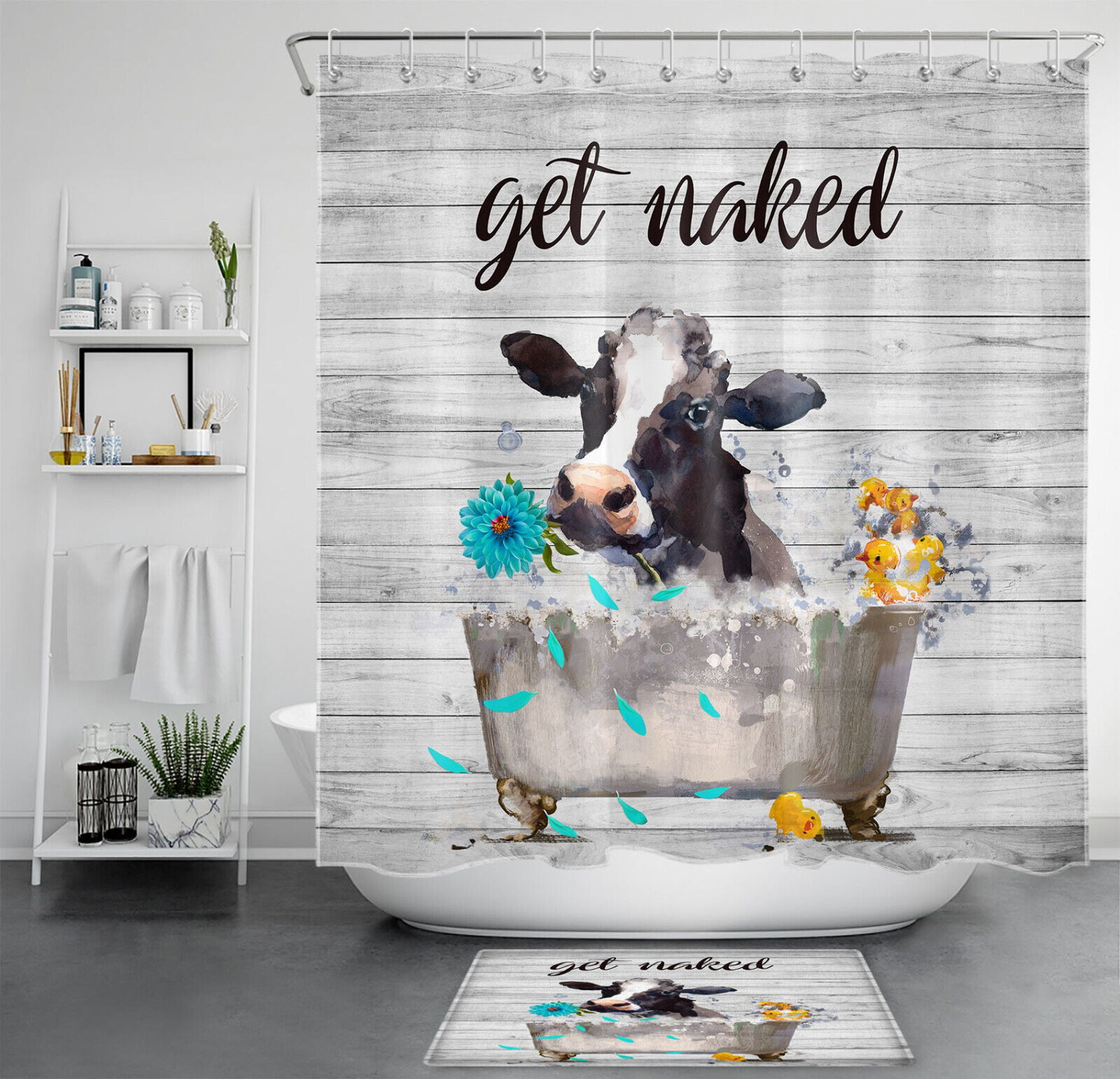 Rustic Farmhouse Cow Print Shower Curtain Set Vintage Country