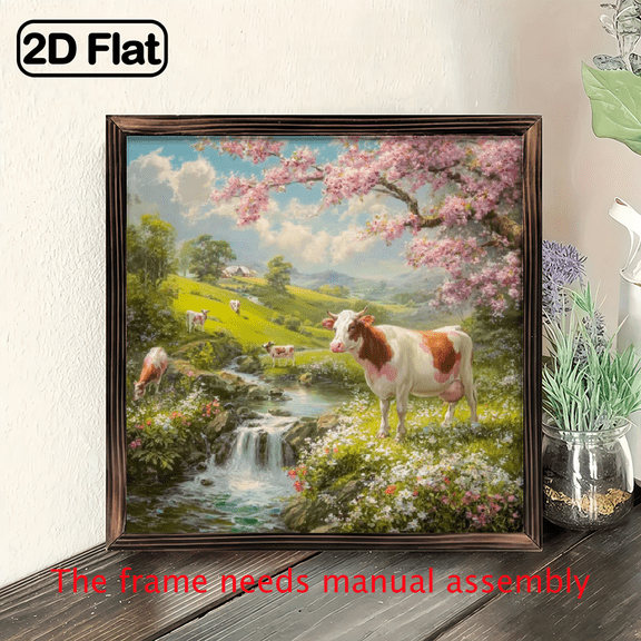 Rustic Farmhouse Cow by River Landscape Painting - 8x8 Inch Wooden Framed Art Sign with Vibrant Meadow Stream Scene, Perfect for Bathroom, Garden, Cafe, Bar, Office Decor Holiday Gifts, Holiday