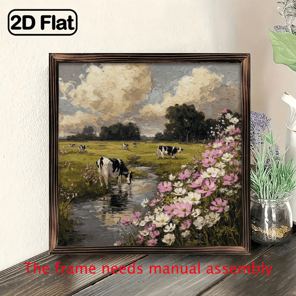 Rustic Farmhouse Cow by River Landscape Wooden Wall Art - 8x8 Inch Framed Vintage Pastoral Painting with Cows, Pink flowers greenery, Wood Frame for Bathroom, Garden, Cafe.