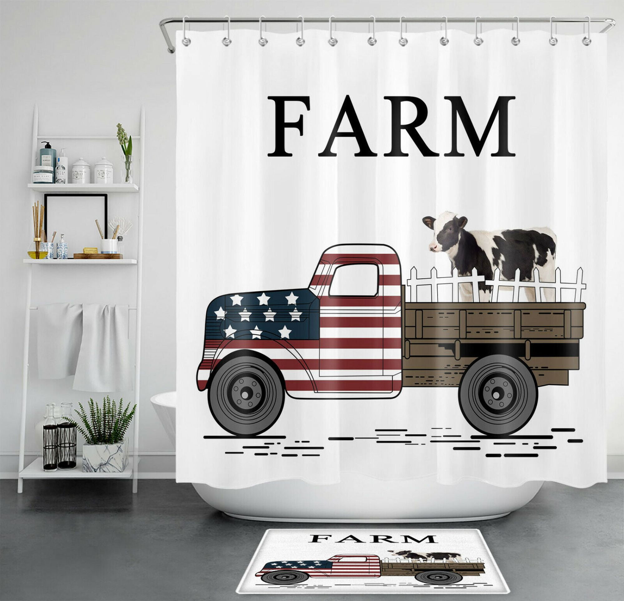 Rustic Farmhouse Cow Shower Curtain Vintage Truck Bathroom Decor