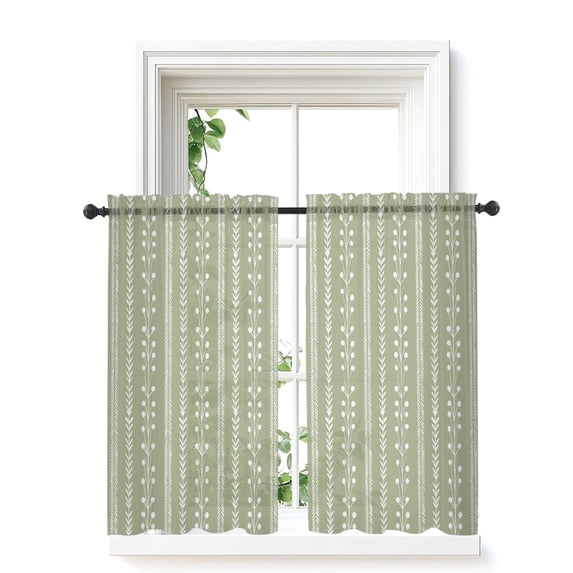Rustic Farmhouse Curtains 45 Inch Length,Sheer Curtains for Bedroom Living Room Window Spring Floral Stripes Bohemia Sage Green Rod Pocket Drapes Kitchen Curtains Small Half Window 42"x45" 2 Panels