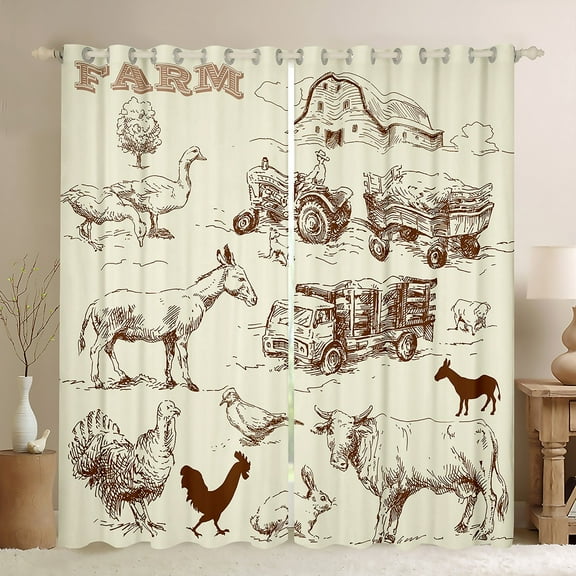 Rustic Farmhouse Curtains & Drapes Farm Animal Curtains, Cow Goat Rooster Blackout Curtains Duck Rabbit Cattle Living Room Curtains, Farm Truck Lodge Cabin Window Curtains Retro Beige Room Decor