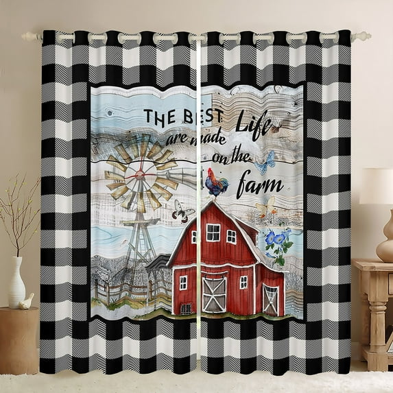 Rustic Farmhouse Curtains & Drapes Windmill Decor Curtains Rooster Red Barn Country Blackout Curtains Vintage Western Farm Wooden Plank Buffalo Plaid Window Curtains Farmhouse Bedroom Decor, 38"Wx45"L