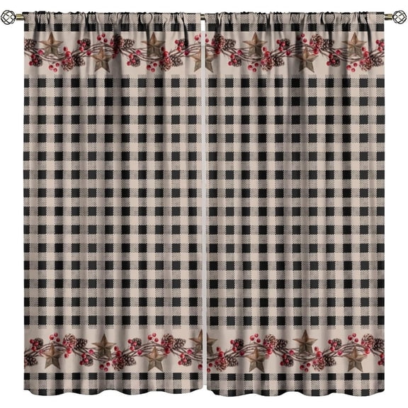 Rustic Farmhouse Curtains, Vintage Country Black White Buffalo Plaid Pine Cone Berry Western Texas Print Window Treatments for Kitchen Bedroom Cafe, 55" W X 63" L