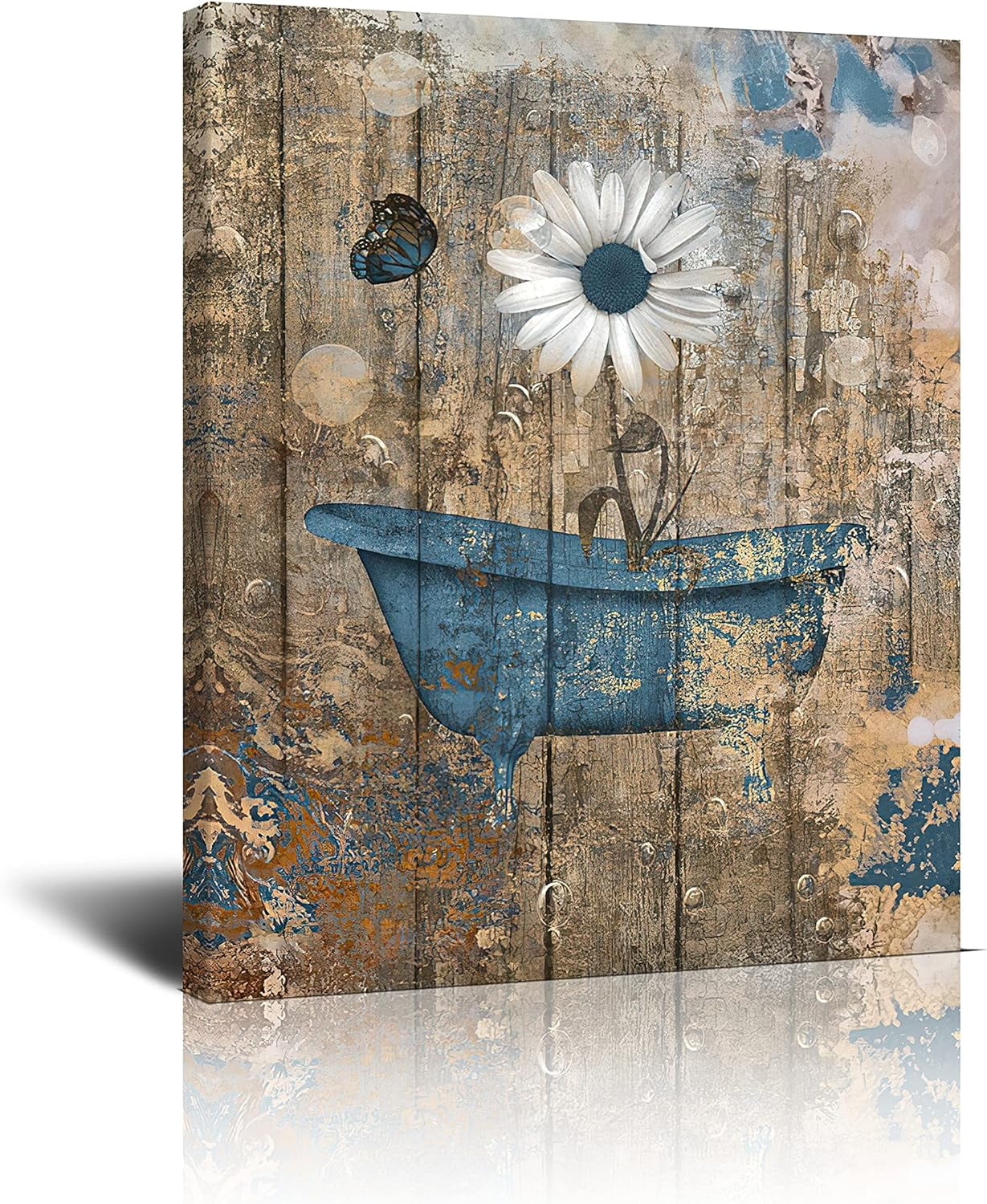 Rustic Farmhouse Daisy Canvas Wall Art Bathroom Decor Brown Blue Daisy ...