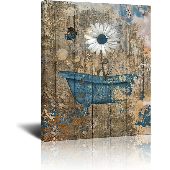 Rustic Farmhouse Daisy Canvas Wall Art Bathroom Decor Brown Blue Daisy In Bathtub Print Paintings Flower Bathtube Picture Modern Home Daisy Artwork Decor for Bathroom Framed Ready to Hang 12x16 Inch