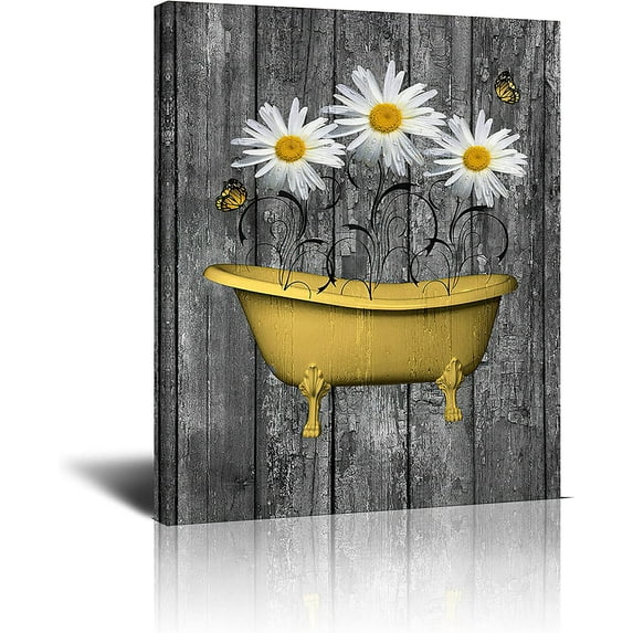 Rustic Farmhouse Daisy Canvas Wall Art Bathroom Decor Brown Blue Daisy In Bathtub Print Paintings Flower Bathtube Picture Modern Home Daisy Artwork Decor for Bathroom Framed Ready to Hang 12x16 Inch