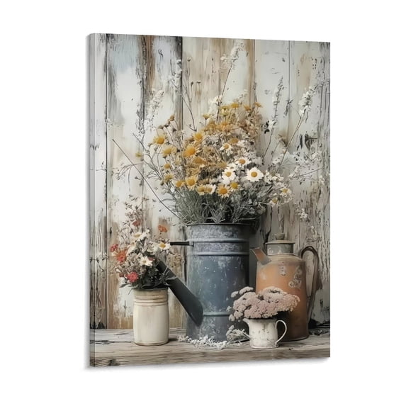 Rustic Farmhouse Daisy Floral Canvas Wall Art, Vintage Neutral Country Flower Botanical Print for Bathroom, Living Room & Bedroom Home Decor