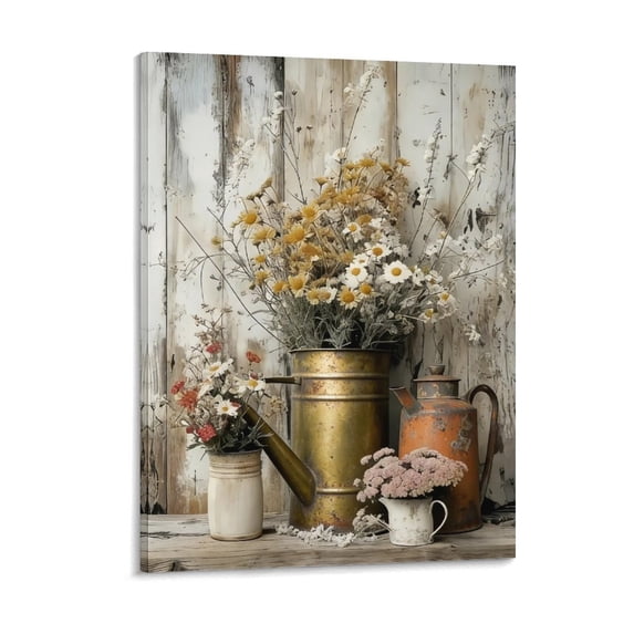 Rustic Farmhouse Daisy Floral Canvas Wall Art, Vintage Neutral Country Flower Botanical Print for Bathroom, Living Room & Bedroom Home Decor