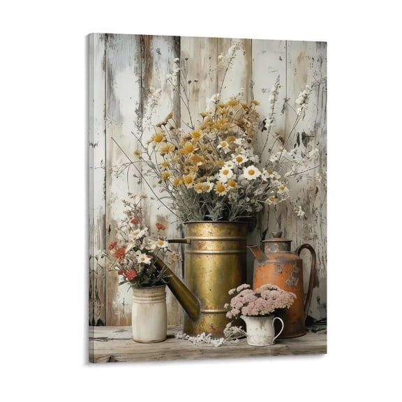 Rustic Farmhouse Daisy Floral Canvas Wall Art, Vintage Neutral Country Flower Botanical Print for Bathroom, Living Room & Bedroom Home Decor