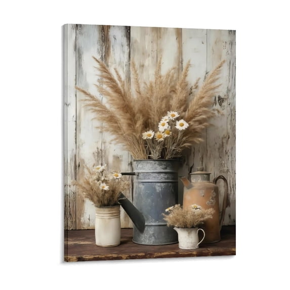 Rustic Farmhouse Daisy Floral Canvas Wall Art, Vintage Neutral Country Flower Botanical Print for Bathroom, Living Room & Bedroom Home Decor