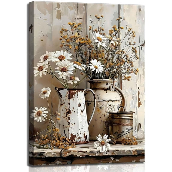Rustic Farmhouse Daisy Floral Canvas Wall Art, Vintage Neutral Country Flower Painting Botanical Picture, Framed & Ready to Hang Decor for Bathroom Living Room Bedroom