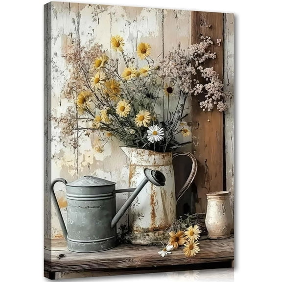 Rustic Farmhouse Daisy Floral Canvas Wall Art, Vintage Neutral Country Flower Painting Botanical Picture, Framed & Ready to Hang Decor for Bathroom Living Room Bedroom