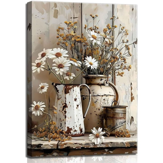 Rustic Farmhouse Daisy Floral Canvas Wall Art, Vintage Neutral Country Flower Painting Botanical Picture, Framed & Ready to Hang Decor for Bathroom Living Room Bedroom