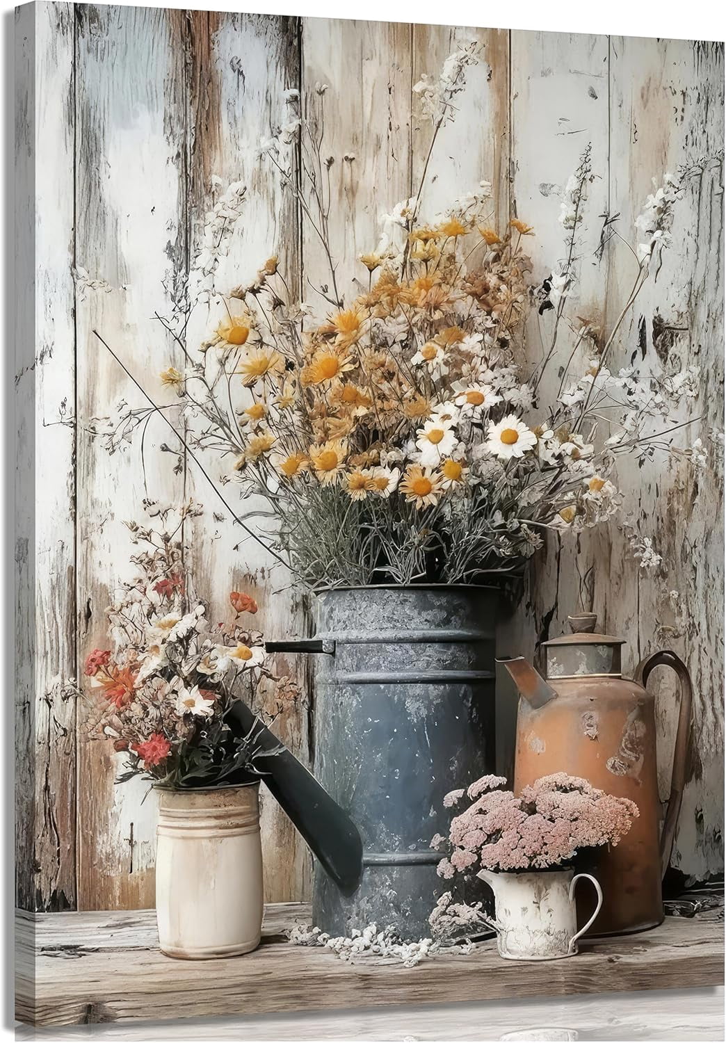 Rustic Farmhouse Daisy Floral Canvas Wall art Vintage Neutral Country ...