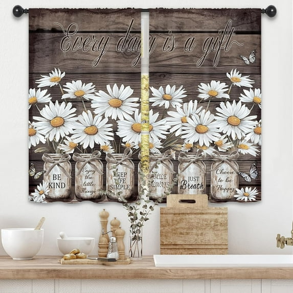 Rustic Farmhouse Daisy Kitchen Curtains 27.5W x 39L Inch Country Vintage Rural Wood Wooden Quotes Inspirational Rod Pocket Short Small Window Treatment Drapes Decor 2 Panels