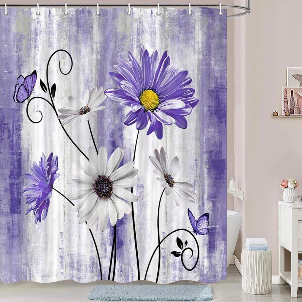 Rustic Farmhouse Daisy Shower Curtain Farm White Blue Daisy Floral