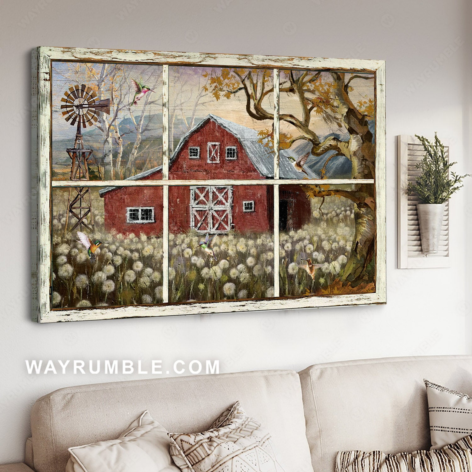 Rustic Farmhouse, Dandelion Field, Watercolor Style Style Hummingbird ...
